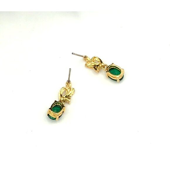 Vintage Style Gold-Tone Drop Earrings With Green Gemstone & Small Cubic Zirconia - Picture 6 of 8